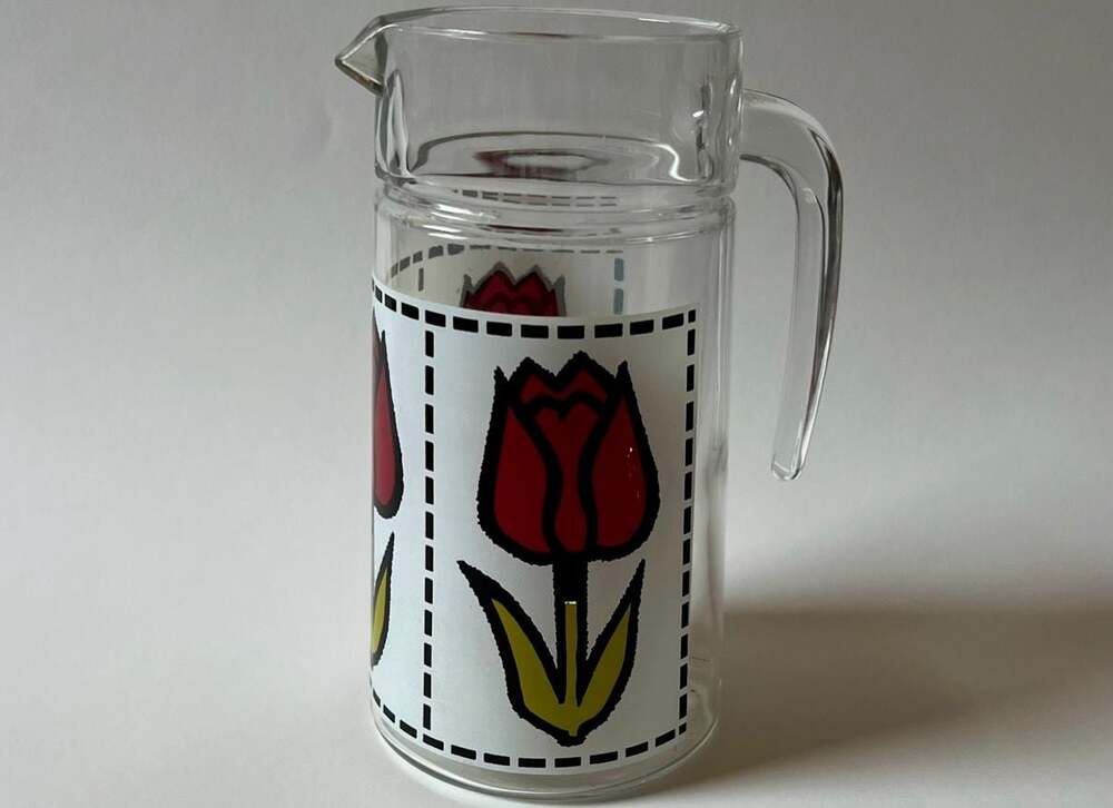 ARC France Luminarc Tulip Glass Pitcher with Red Floral Motif